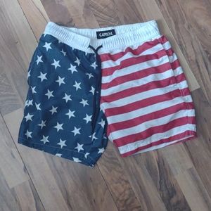 Red white and blue swim shorts